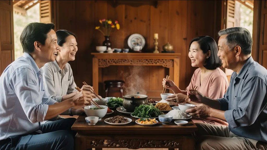 Couple européen partageant un repas authentique avec famille vietnamienne dans maison traditionnelle