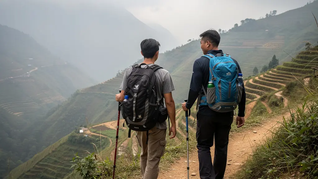 Randonneur européen sur sentier montagneux avec guide local vietnamien dans le Nord Vietnam