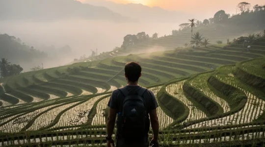 Voyageur européen contemplant les rizières en terrasses du Vietnam au lever du soleil