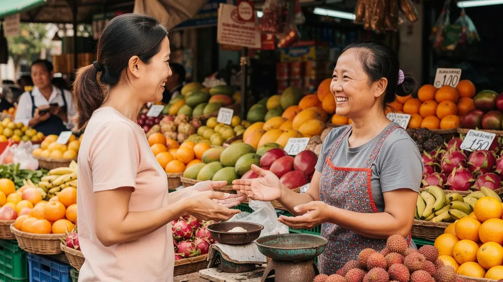 Voyageuse européenne échangeant avec vendeuse vietnamienne sur marché local coloré